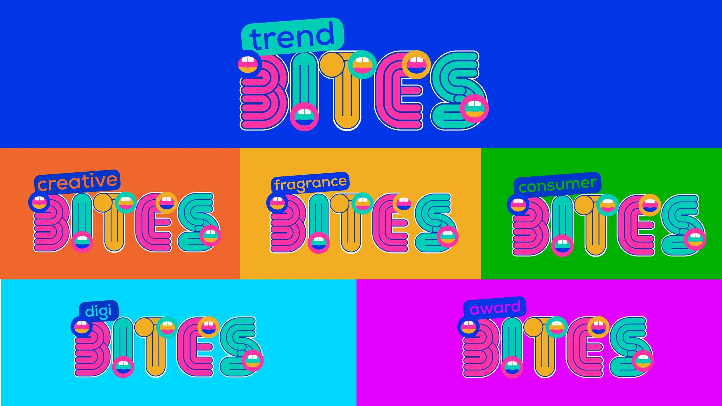 A colorful graphic design with the text 'trends' and 'bite' in large, stylized letters with rainbow colors and patterns, arranged in a grid with different background colors. Each section has a label such as 'creative,' 'fragrance,' 'consumer,' 'digi,