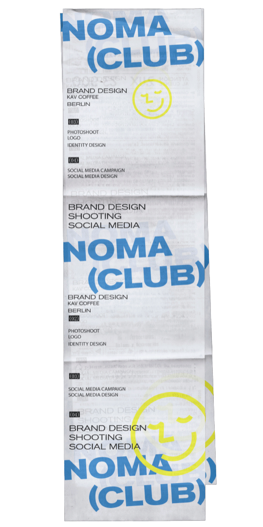 A printed paper receipt with the words "NOMA (CLUB)" in large blue font at the top and bottom, a yellow smiley face with a wink in the middle, and sections detailing branding, photoshoot, logo, identity design, social media campaign, and social media design.