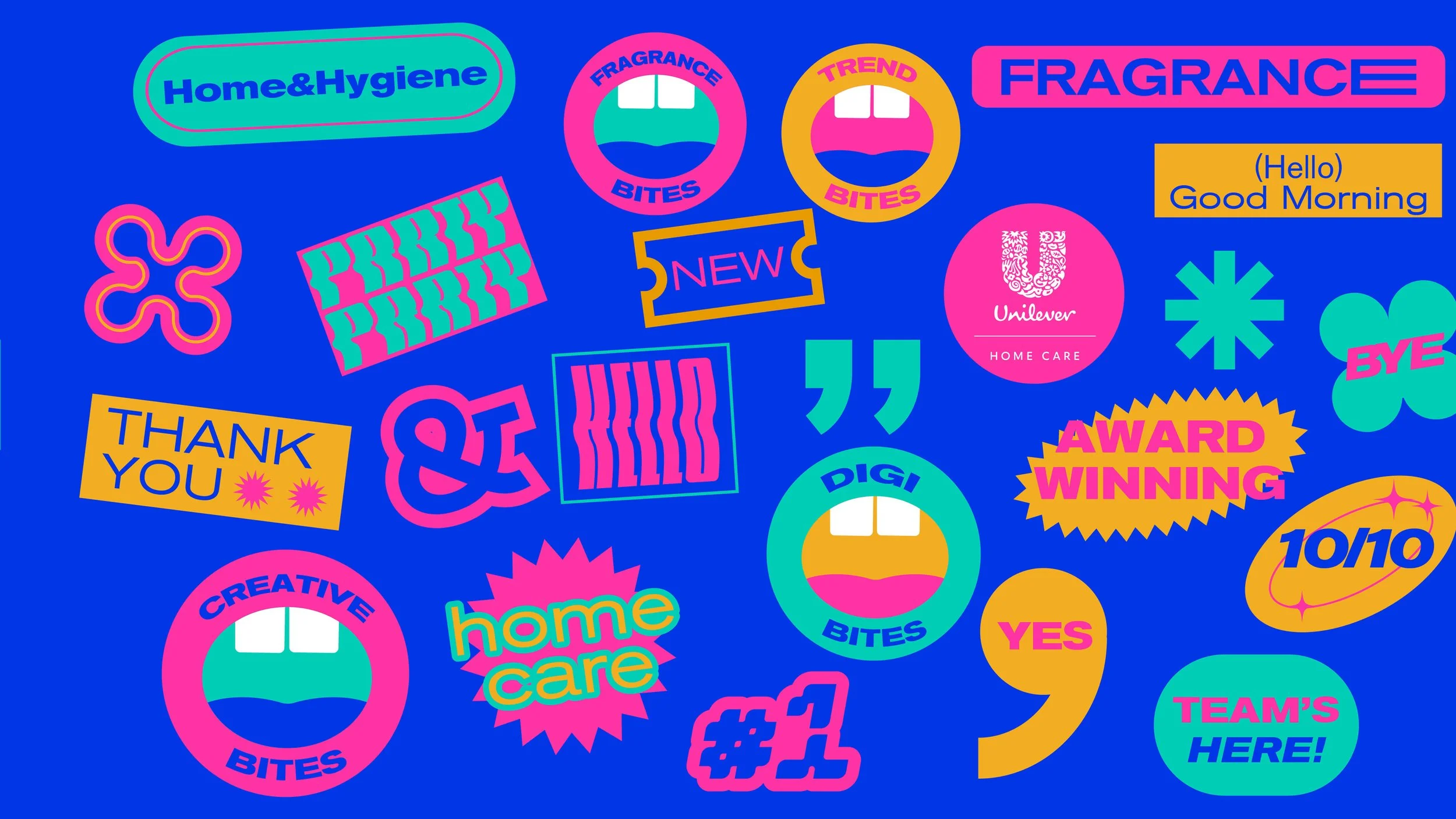 Brightly colored collection of various text and graphic stickers on a blue background, including phrases like 'Home&Hygiene,' 'Thank You,' 'Creative Bites,' 'Home Care,' 'Award Winning,' '10/10,' and 'Team's Here!' along with icons such as smiling fa