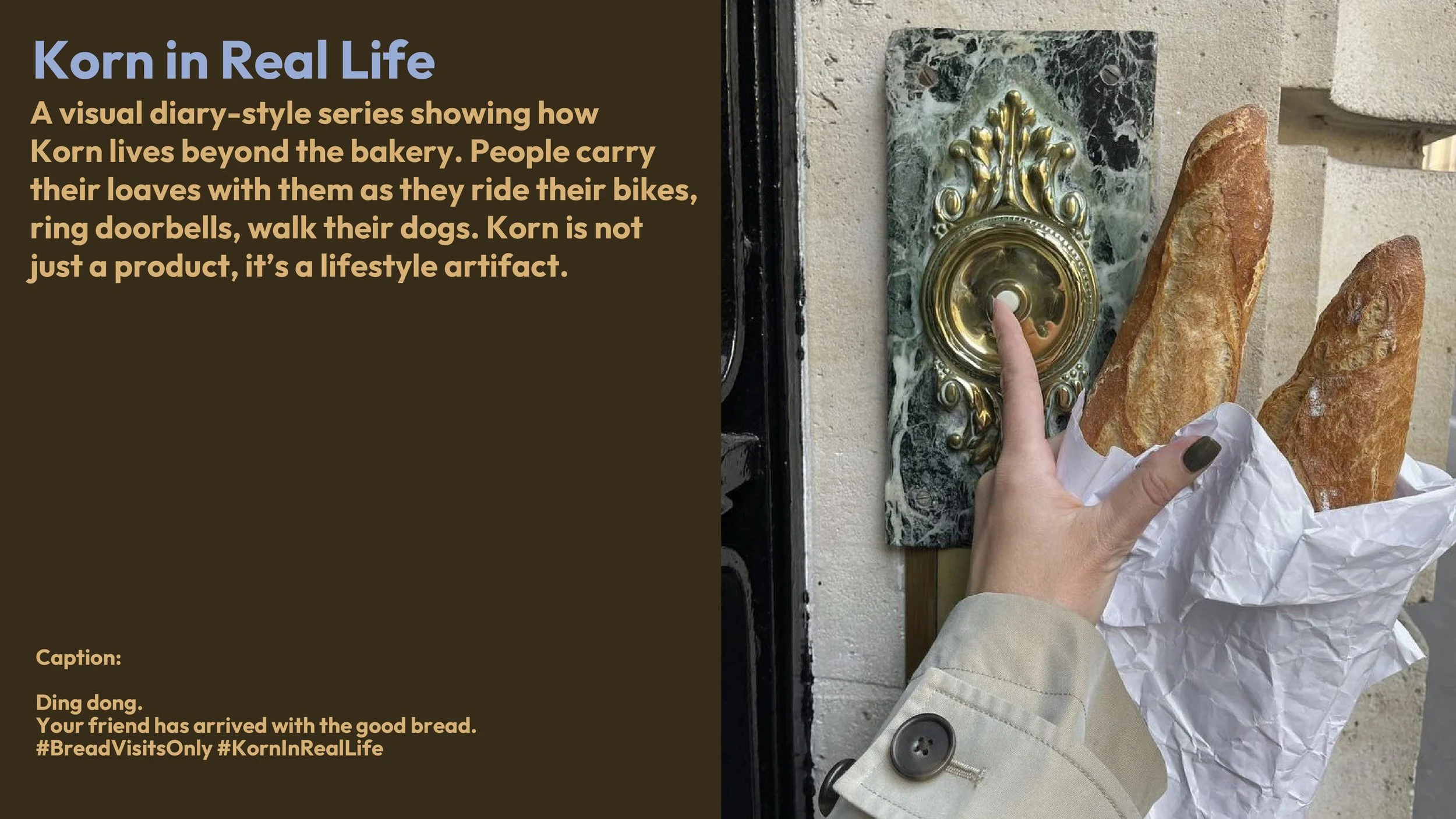 Hand pressing a brass doorbell next to a wall with a marble and gold decorative plate, holding a paper bag with two baguettes. The coat sleeve has a buttoned cuff.