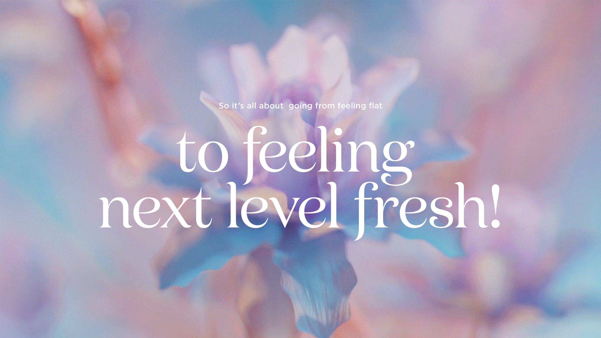 A colorful, abstract background featuring a soft blur of pastel pink, purple, and blue shades with a central flower-like shape. Overlaid text reads: "So it’s all about going from feeling flat to feeling next level fresh!"