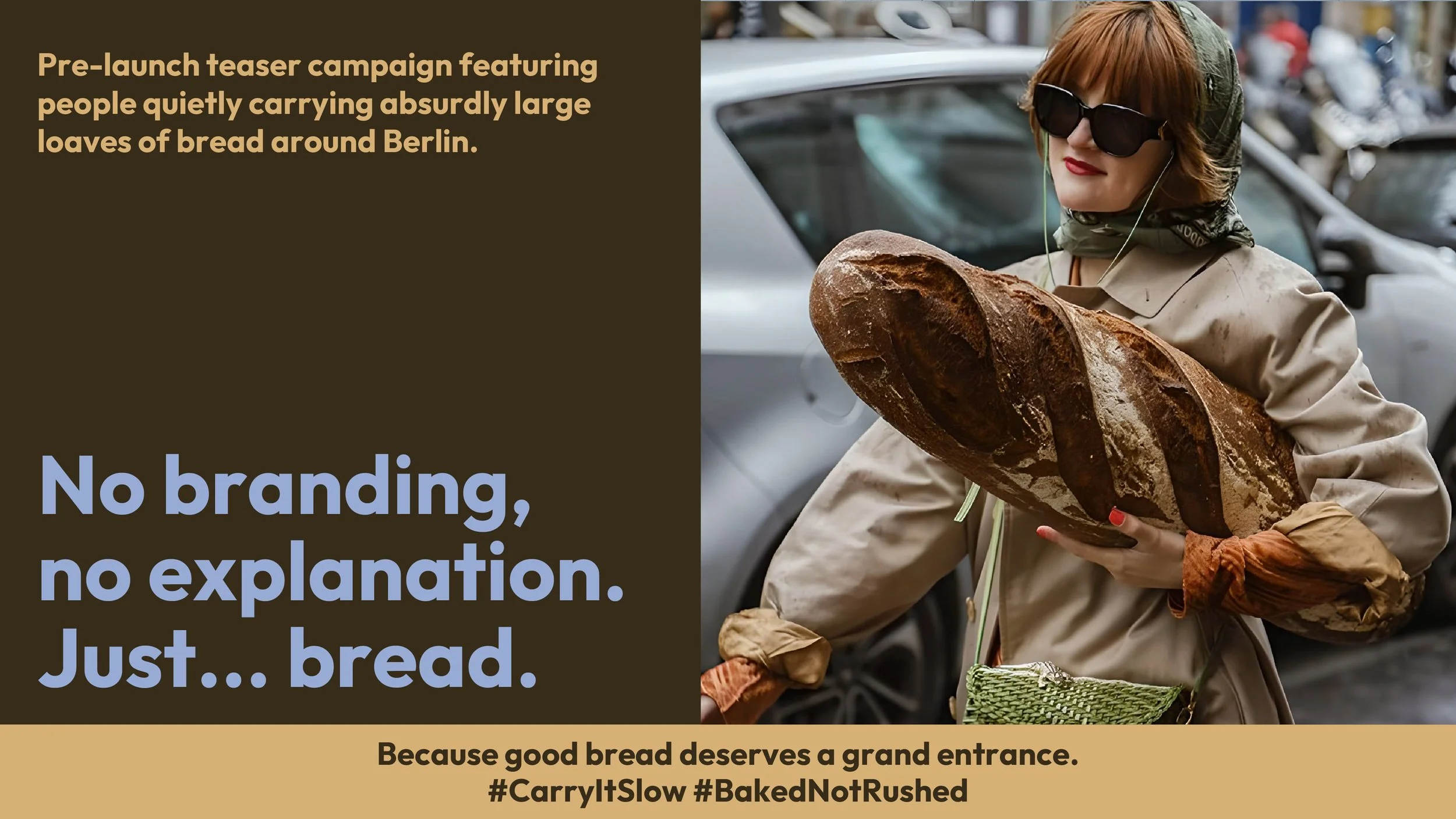 A woman with sunglasses and a scarf holding a large loaf of bread, standing outdoors in front of parked cars.