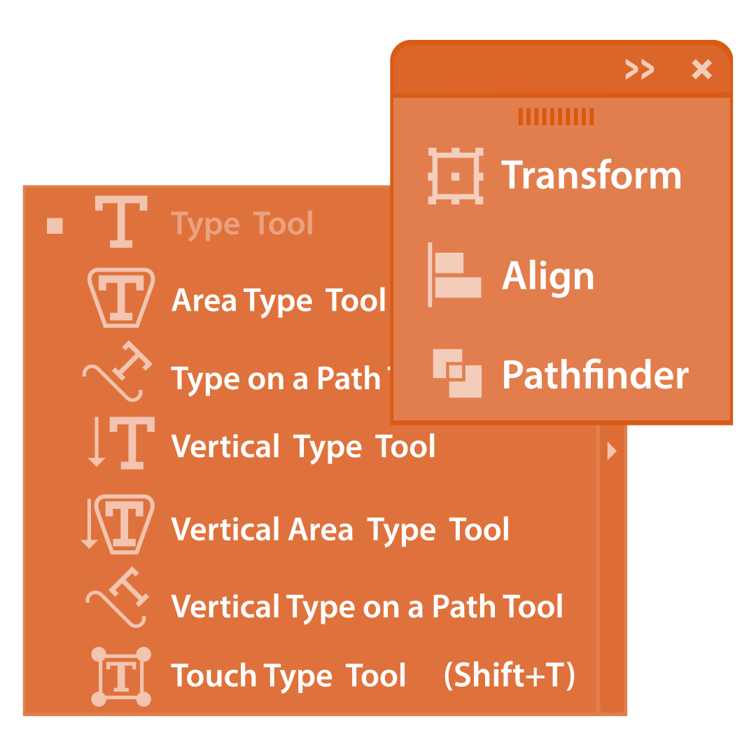 Screenshot of a graphic design software interface showing a menu with tools such as Transform, Align, and Pathfinder. The menu has an orange theme with icons and options listed.