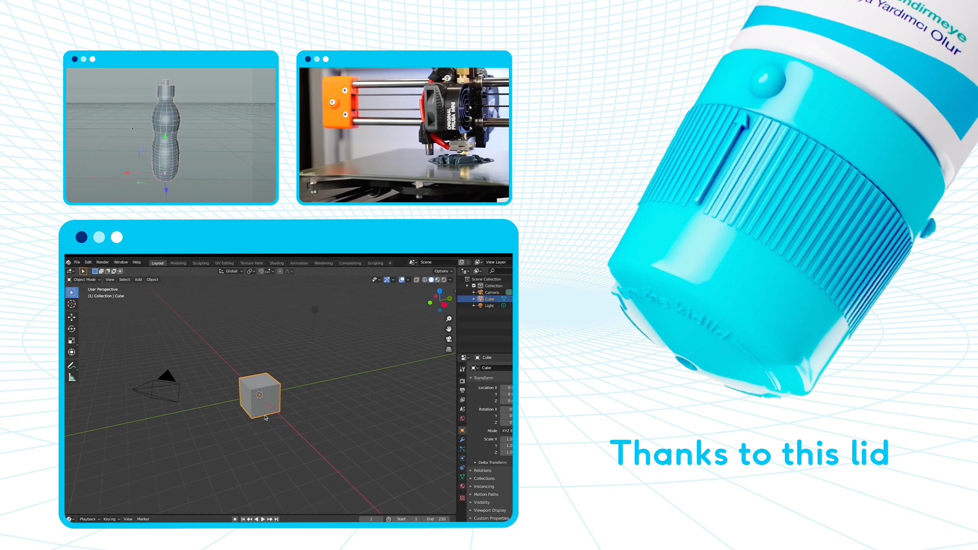 A collage showing a 3D modeling software, an industrial 3D printer, and a 3D rendered bottle shape with stl files, CAD software interface, and a 3D printed bottle with a blue lid labeled "Thanks to this lid."