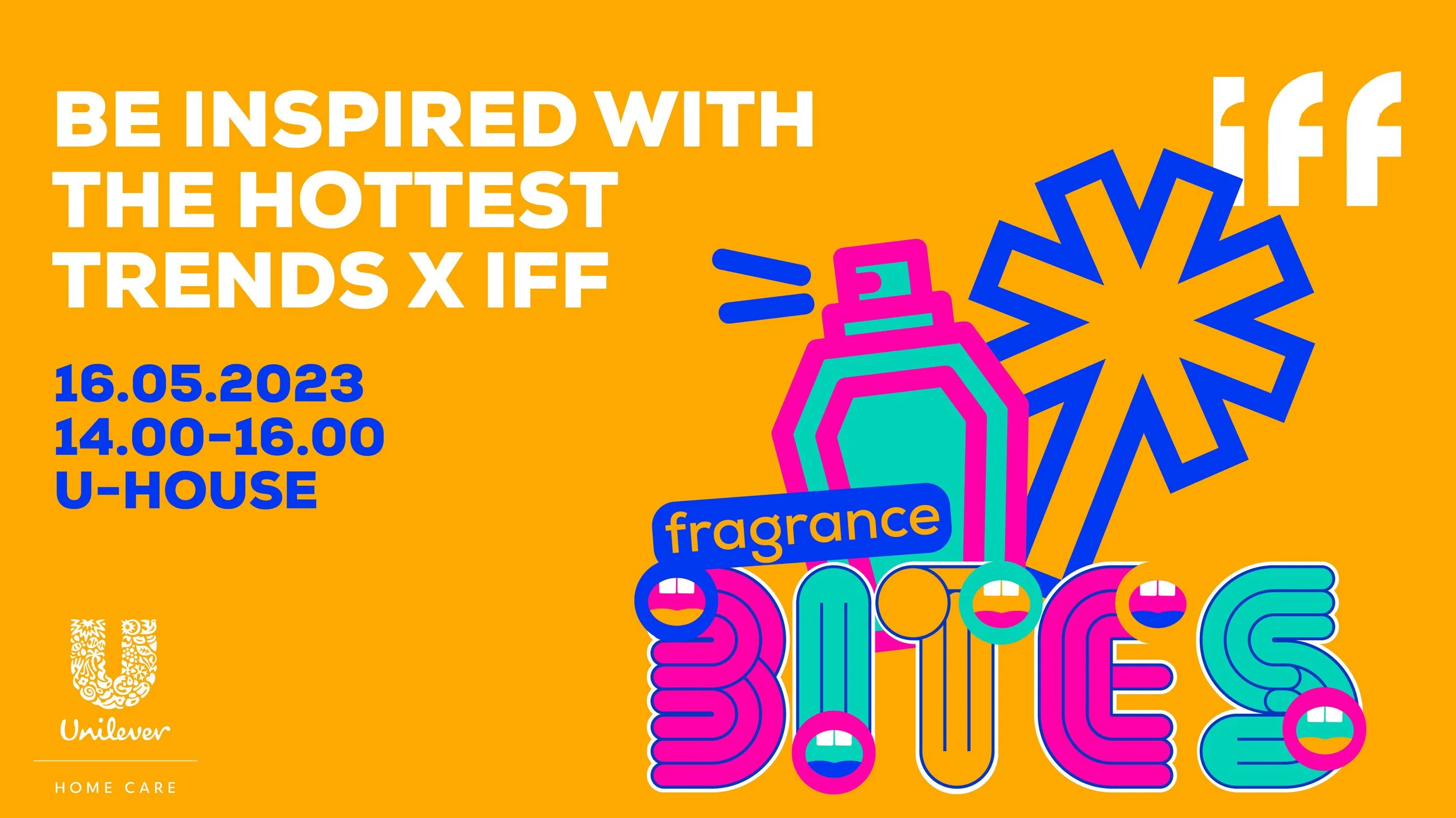 Bright orange advertisement for TrendX IFF event with large white text saying 'Be inspired with the hottest trends X IFF'. Event date and time are in blue: 16.05.2023, 14.00-16.00, at U-House. Colorful graphic of perfume bottle, stylized snowflake, a