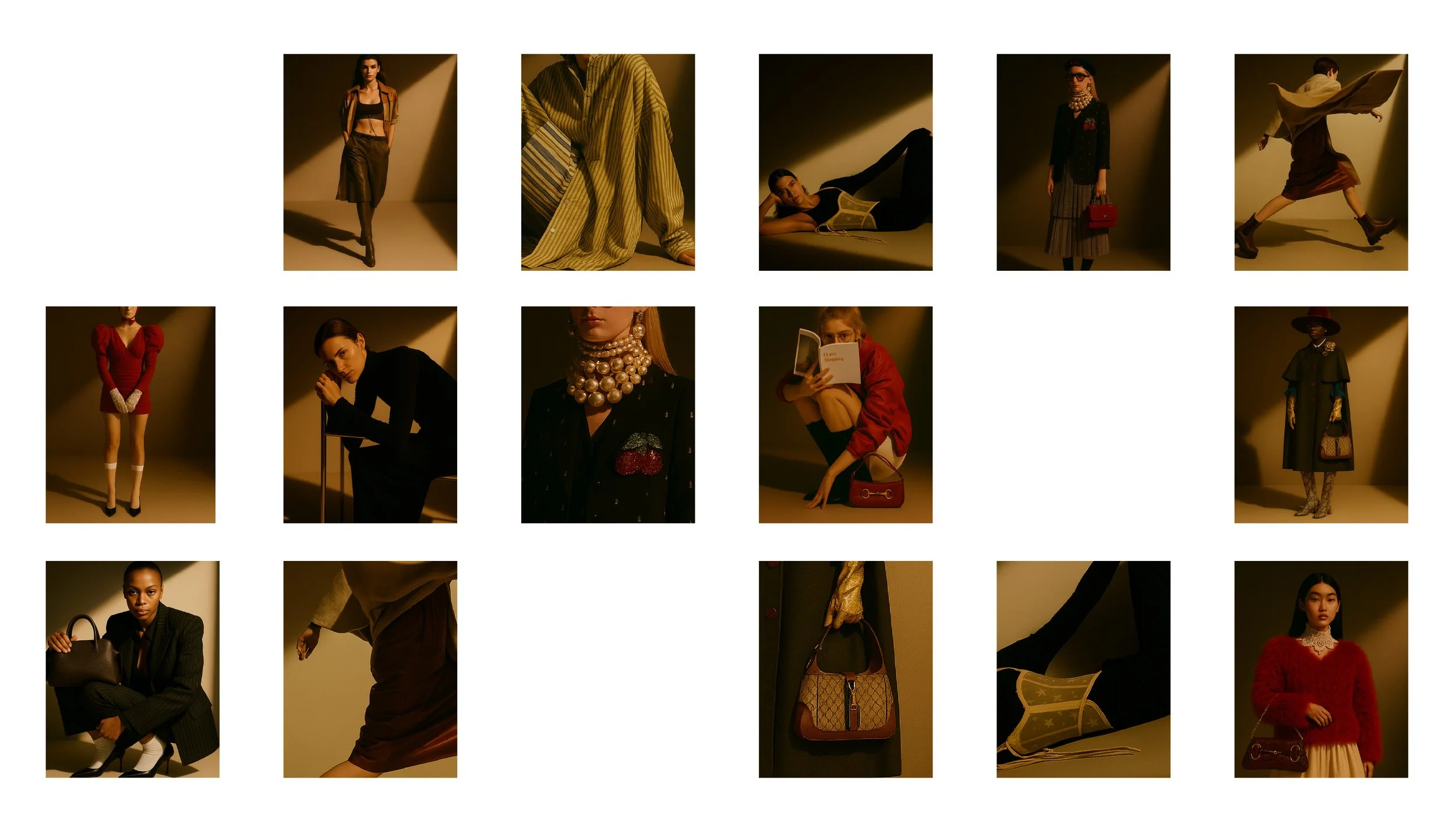 Collage of fashion models in stylish clothing, posing with accessories like handbags, jewelry, and books in warm lighting, against a plain background.