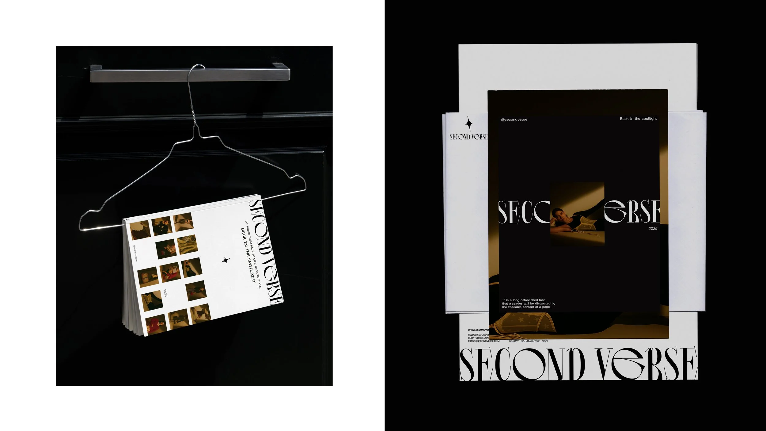 A flyer hanging on a wire hanger from a black hook and a printed advertisement on a white background for Second Verse, showcasing a woman lying on a couch on the cover.