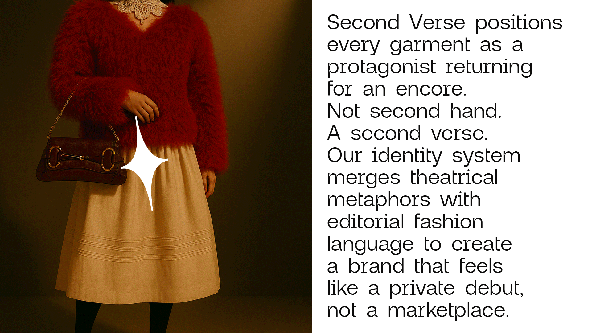 A woman wearing a red fuzzy sweater and a beige skirt, holding a brown handbag with a gold chain, with a white star graphic overlay on her hand, standing against a dark background. To the right, there's a paragraph of text about fashion and branding.