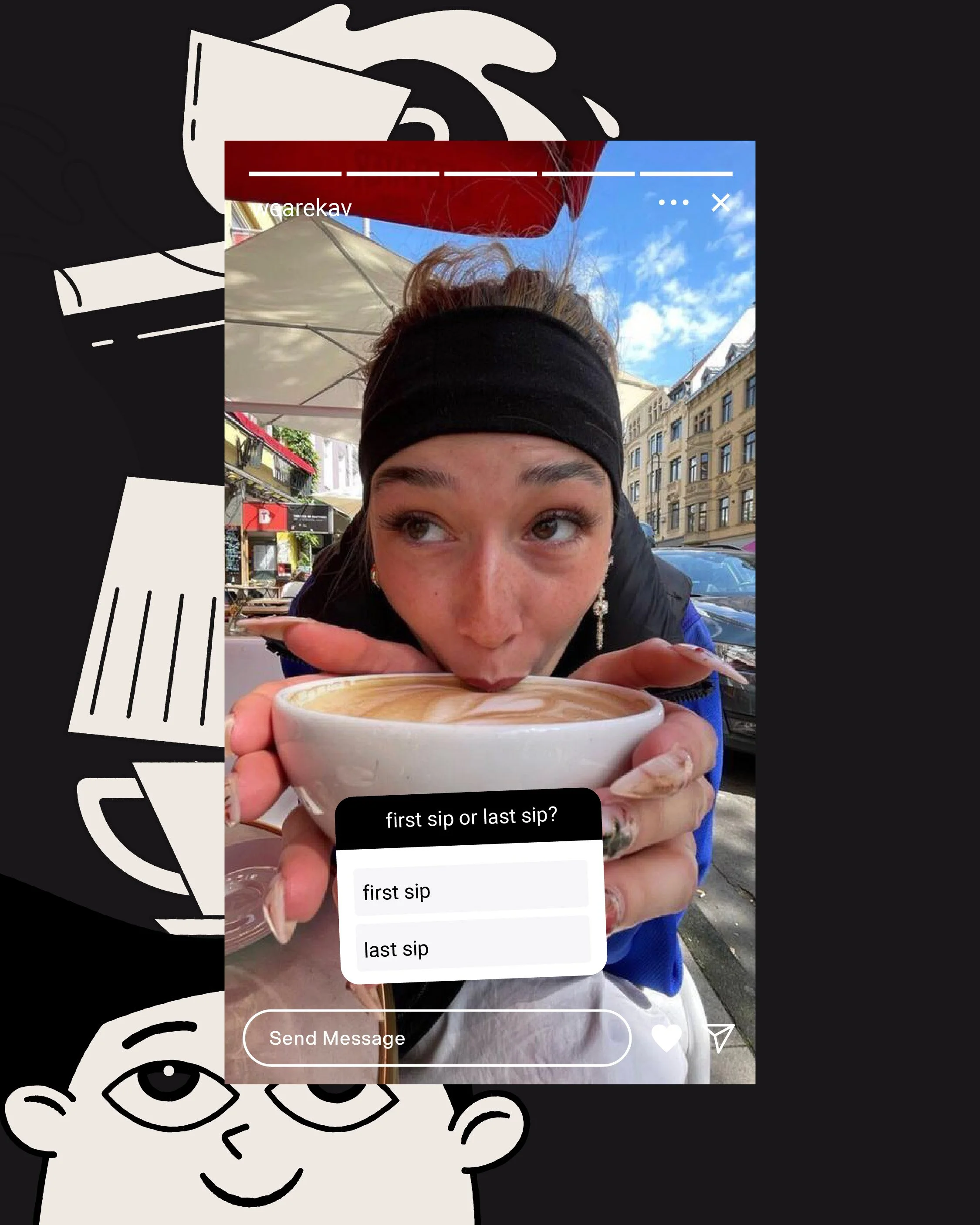 A woman wearing a black headband drinks from a coffee cup outdoors on a city street with buildings, cars, and a blue sky in the background.