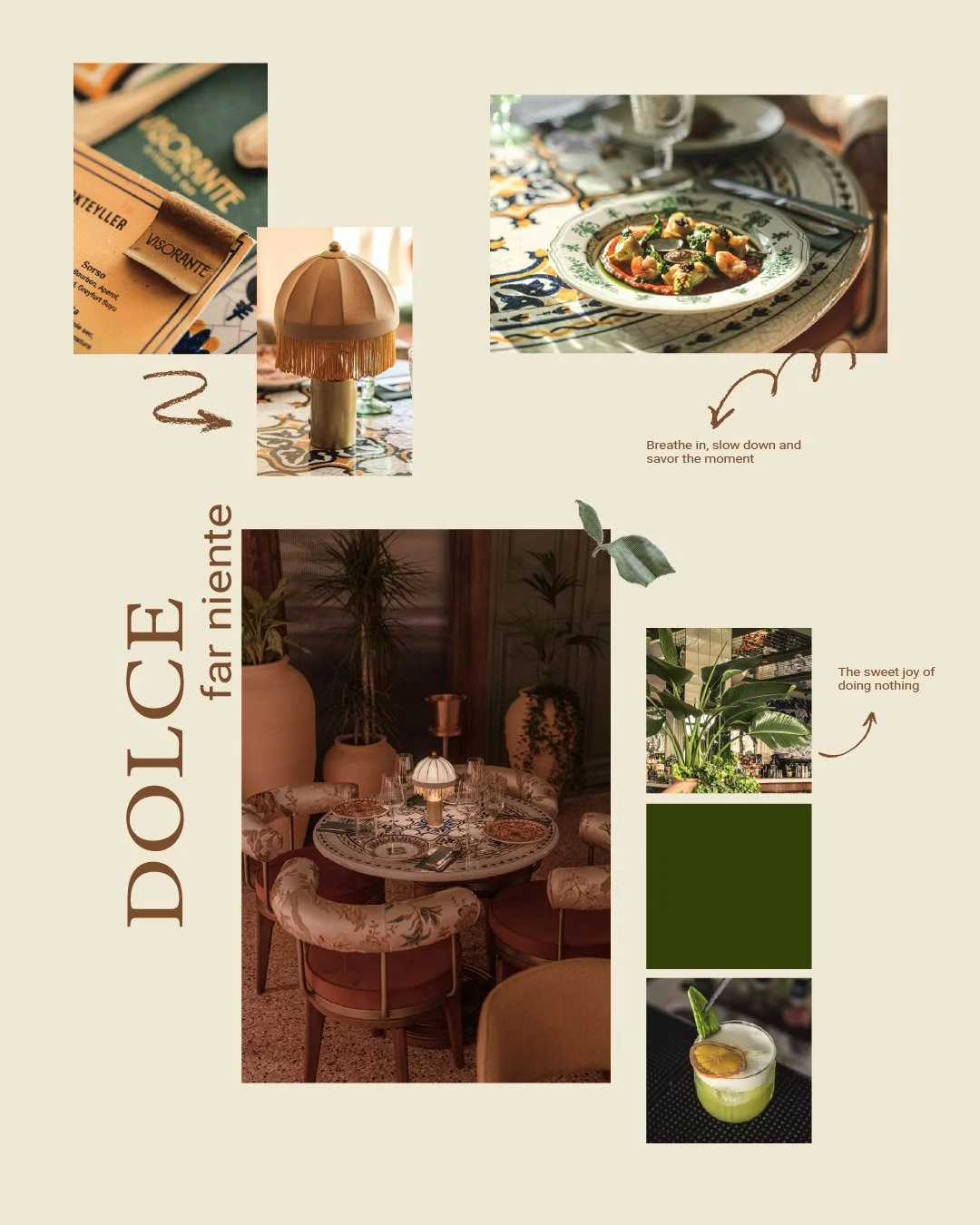 Decorative collage featuring a table setting with plants, a dish of colorful food, a lamp with fringes, and a cocktail drink, with poetic text about slowing down and enjoying the moment.