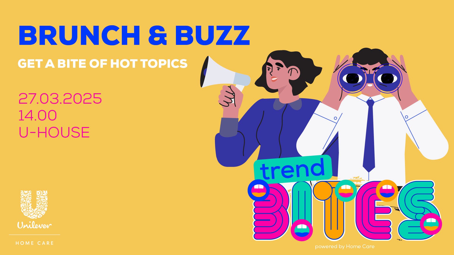 Bright yellow promotional poster for an event called "Brunch & Buzz" with the tagline "Get a bite of hot topics." It shows a cartoon woman with black hair holding a megaphone and a cartoon man with glasses wearing a tie, looking through binoculars. T