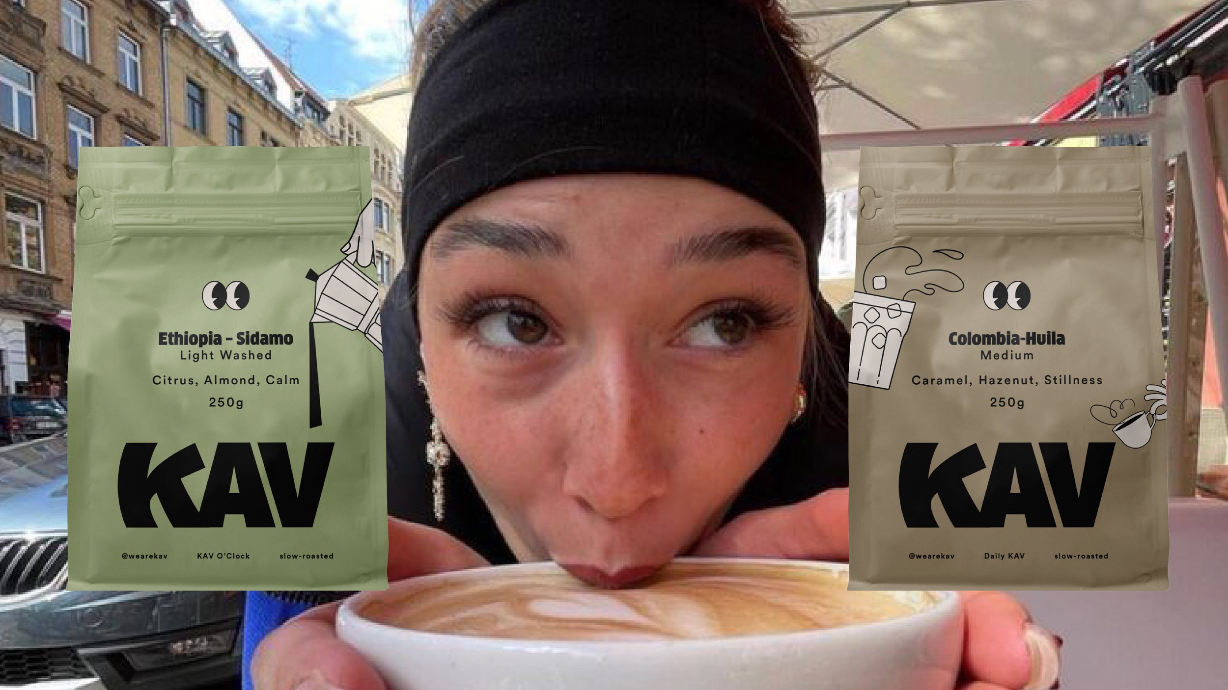 A woman with a bandana on her head looking closely at a cup of coffee with latte art. Two packets of coffee beans from KAV are in the foreground, one from Ethiopia and one from Colombia.