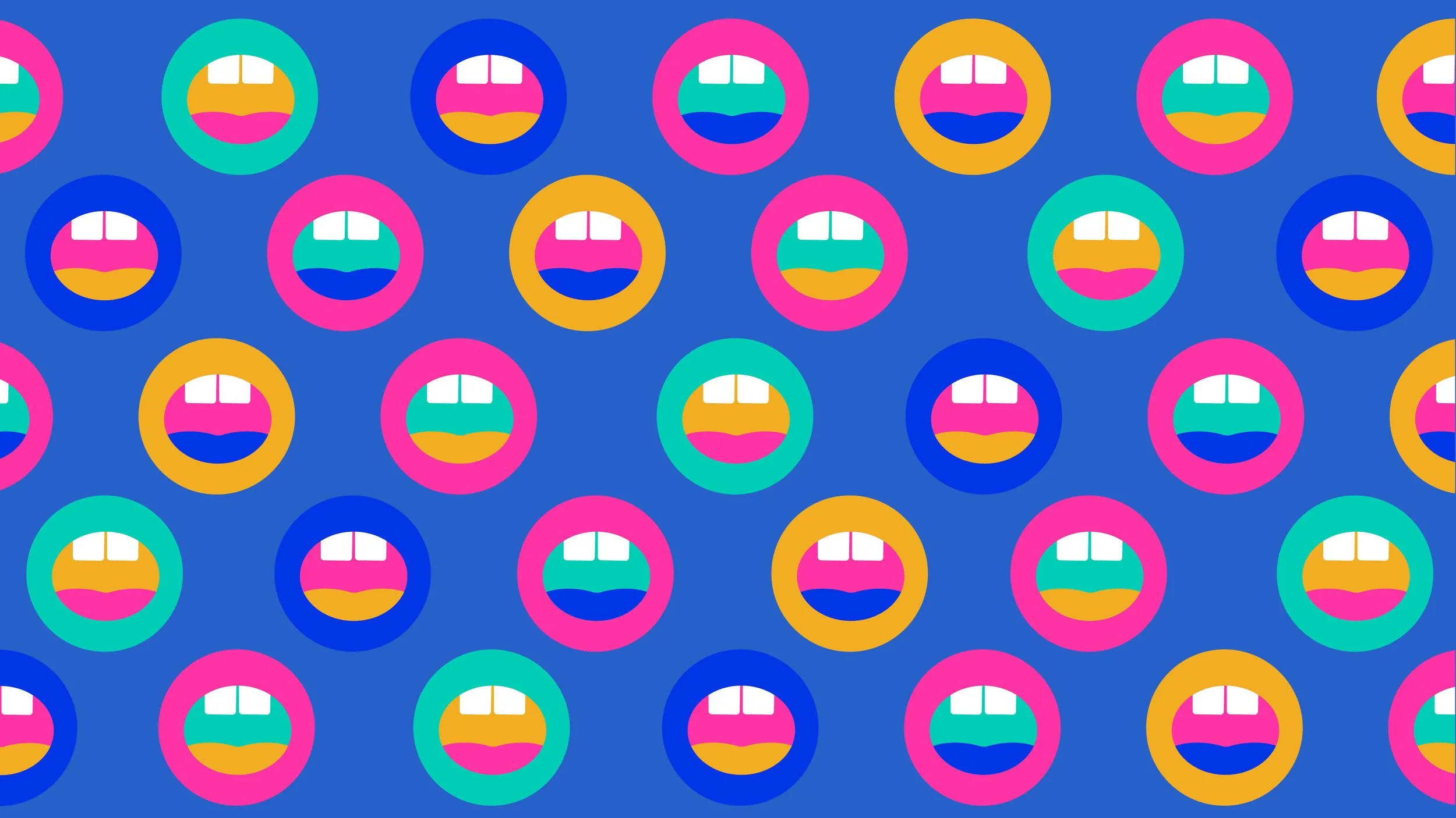 Pattern of colorful smiley faces with open mouths on a blue background.
