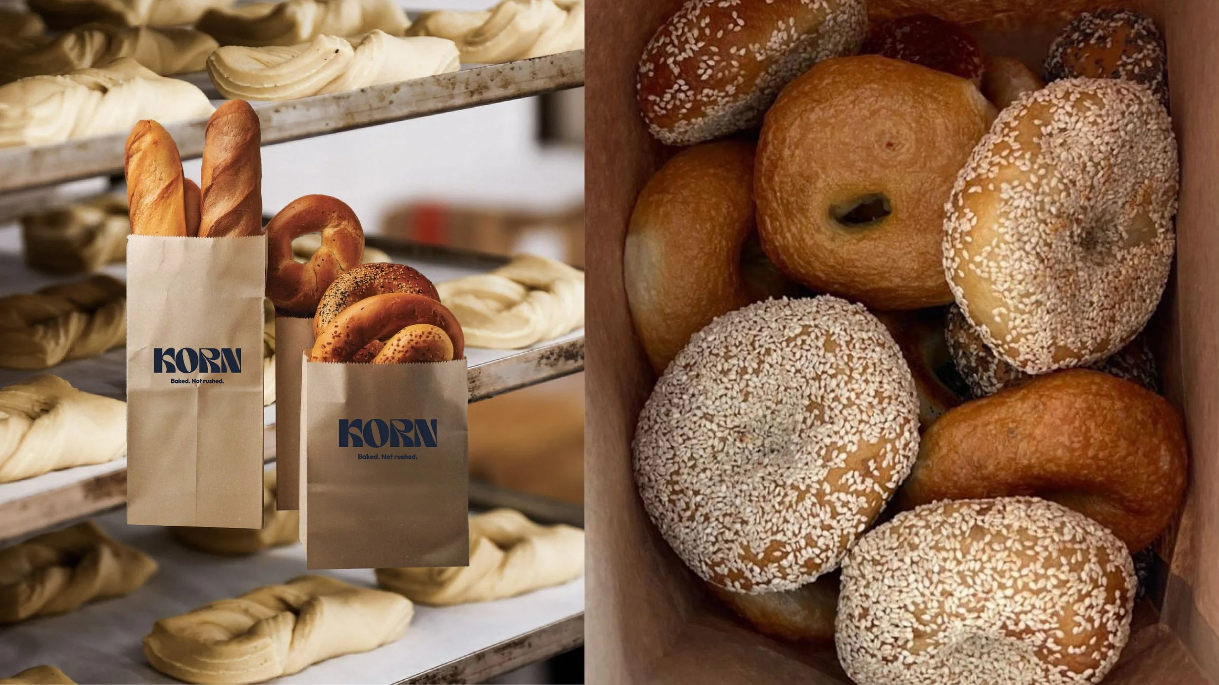 Baked bread and pastries in a bakery, with two paper bags labeled KORN, containing baguettes and pretzels, and a wooden box filled with bagels topped with sesame and poppy seeds.