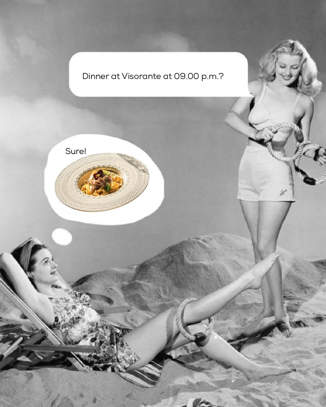 A vintage black-and-white photograph of a woman on a beach holding a rope with a child lying on a beach chair. The woman is smiling and looking at the child. The child is smiling and has a thought bubble with an image of a plated dish of pasta. The w