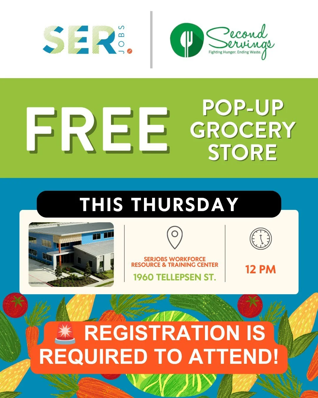 🛒 Mark Your Calendars!

Our next Second Servings Grocery Store Pop-Up is happening Thursday, June 11th at 12 PM at SERJobs!

This event is open to all Houstonians in need of grocery support! Whether you're facing food insecurity or just need a littl
