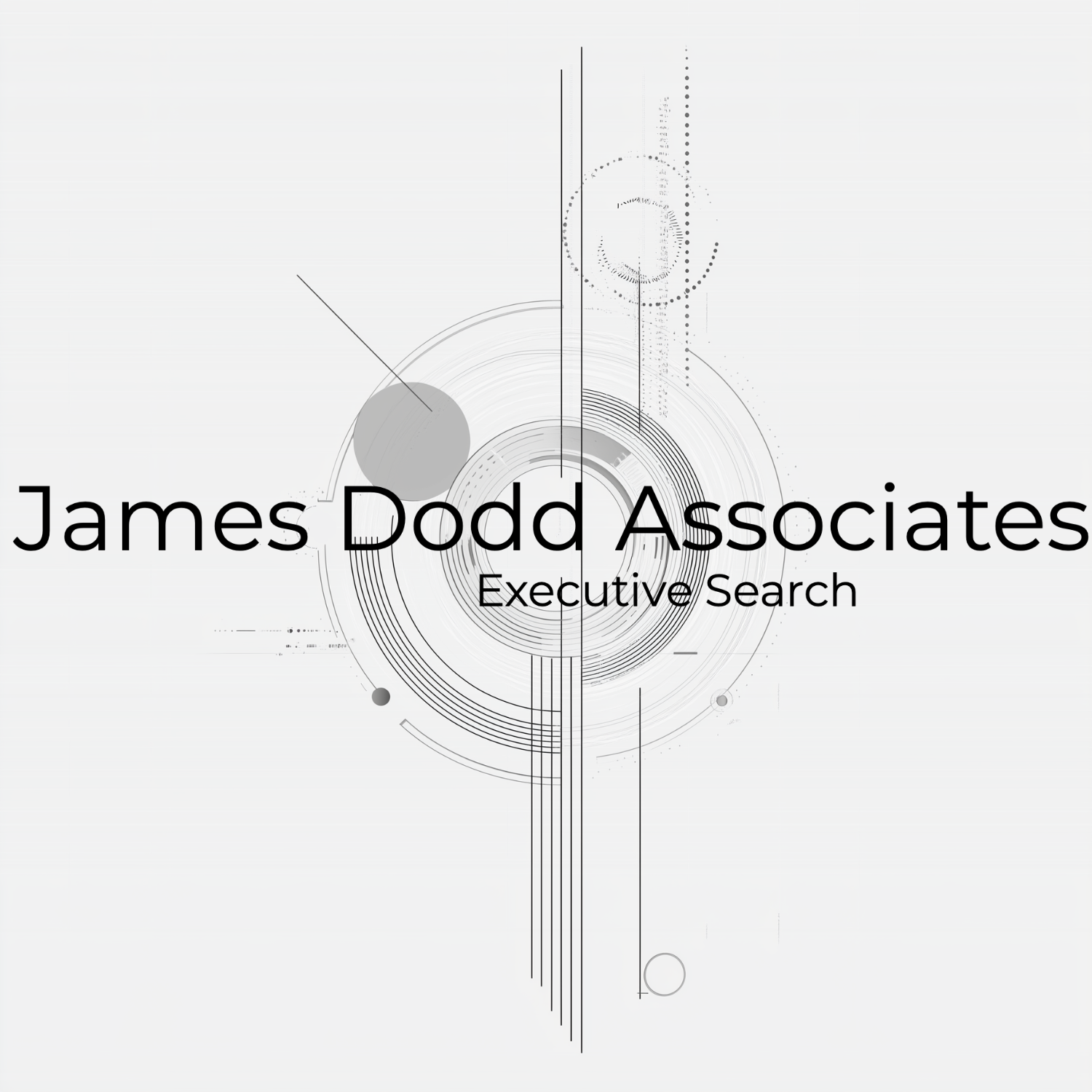 grey background black writing stating James Dodd associates executive search, on a background of delicate pencil drawn abstract imagery representing consumer media, space, tech, planets, CDs, records, instrument strings, tech and hard drive