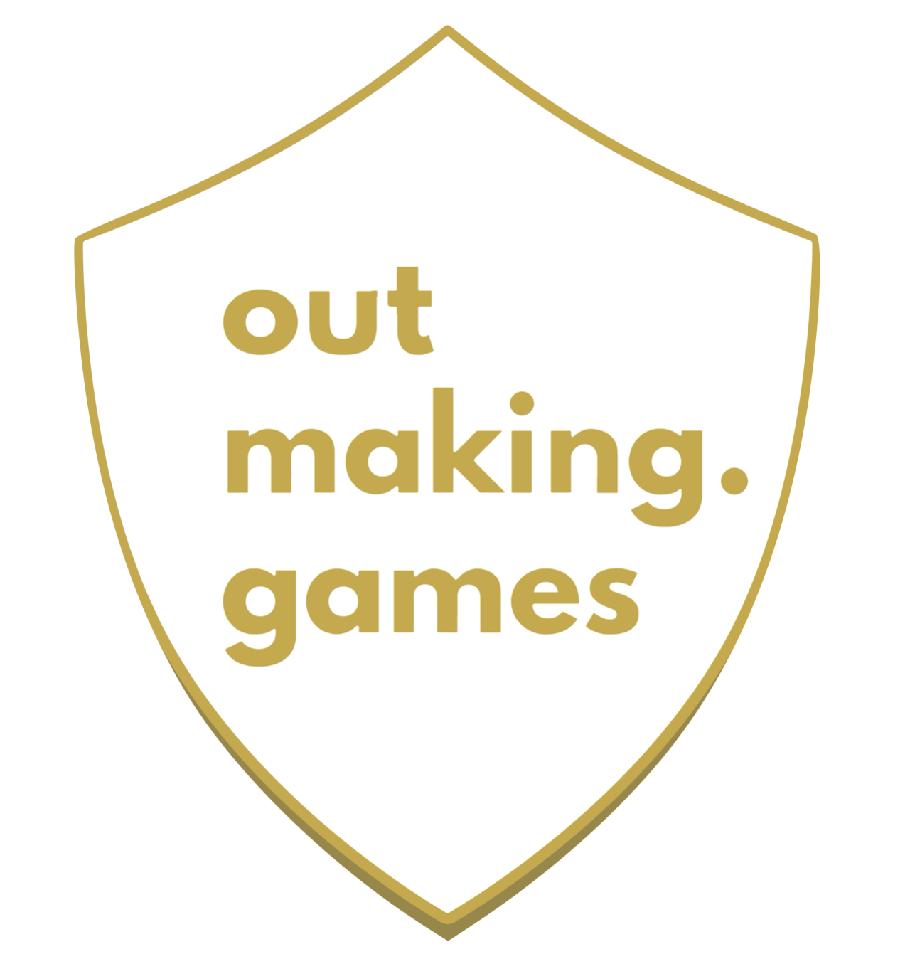 A gold rimmed white shield with the worlds out making games written in gold in the centre