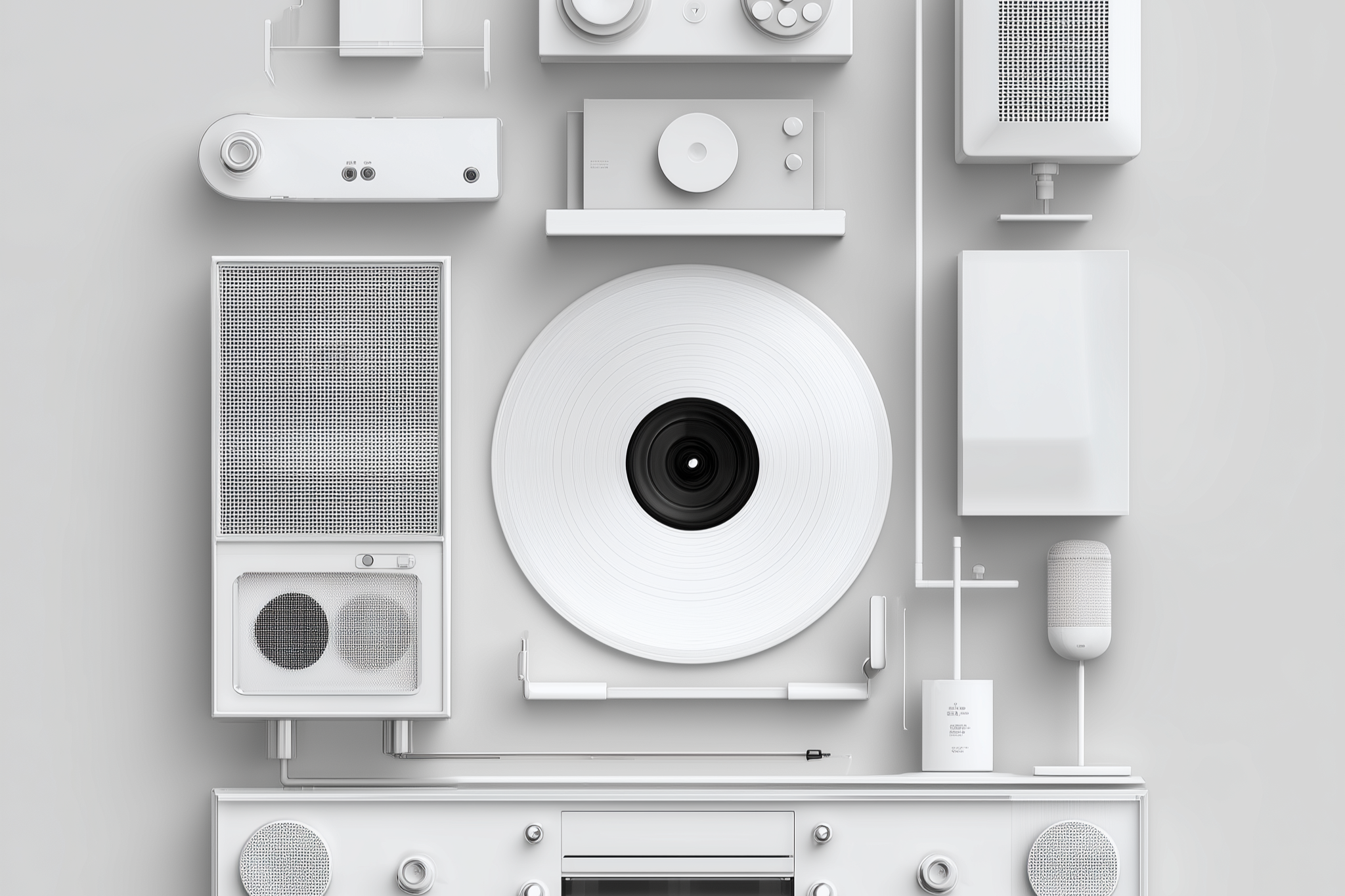 A flat lay of various white electronic devices and accessories arranged on a light gray background, including speakers, a turntable, a router, and other tech gadgets.