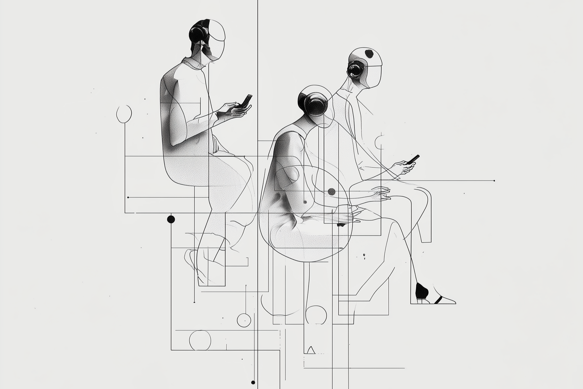 Illustration of three people sitting in a row, each holding a smartphone, with a minimalistic, abstract style using black lines and geometric shapes.