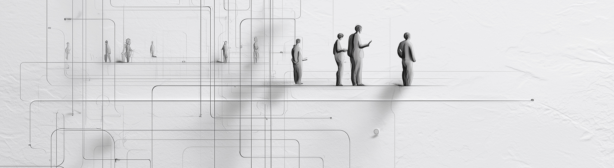 A line of people standing on a thin ledge, looking at their smartphones, with a technical drawing or blueprint in the background representing people queuing for jobs and recruitment