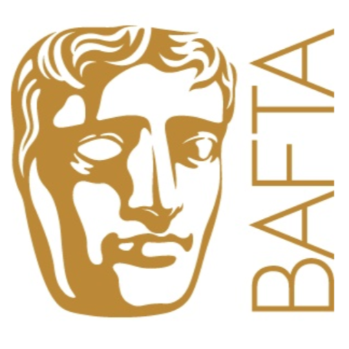 gold logo for BAFTA with the company name spelt vertically alongside a gold and white mask of a persons face