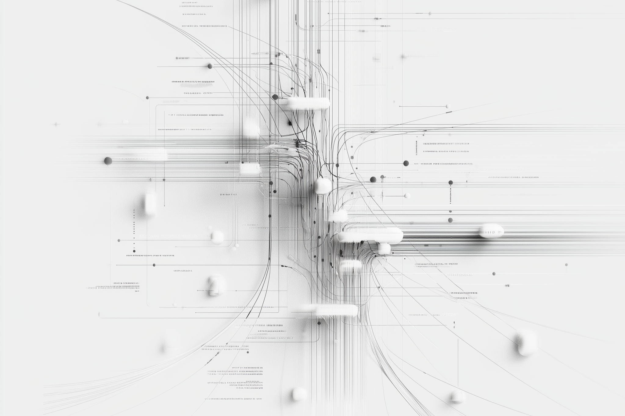 Abstract digital art with interconnected lines, nodes, and small white and black spheres on a white background.