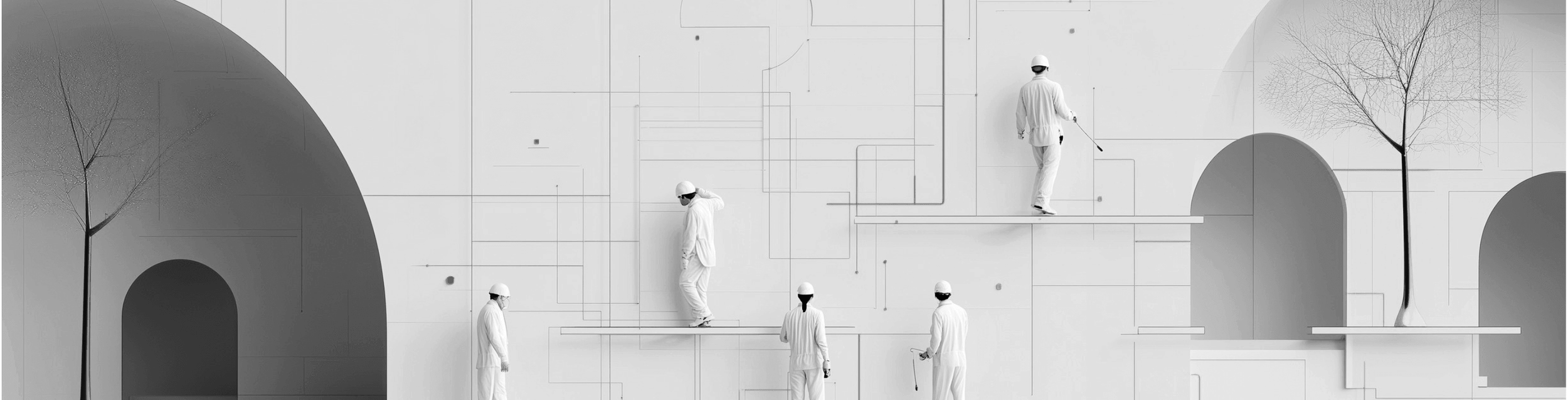 A black and white mural depicting a futuristic cityscape with abstract buildings, trees, and five people dressed in white, wearing helmets, against a wall with geometric line art symbolising JDA Executive Search recruiting for business