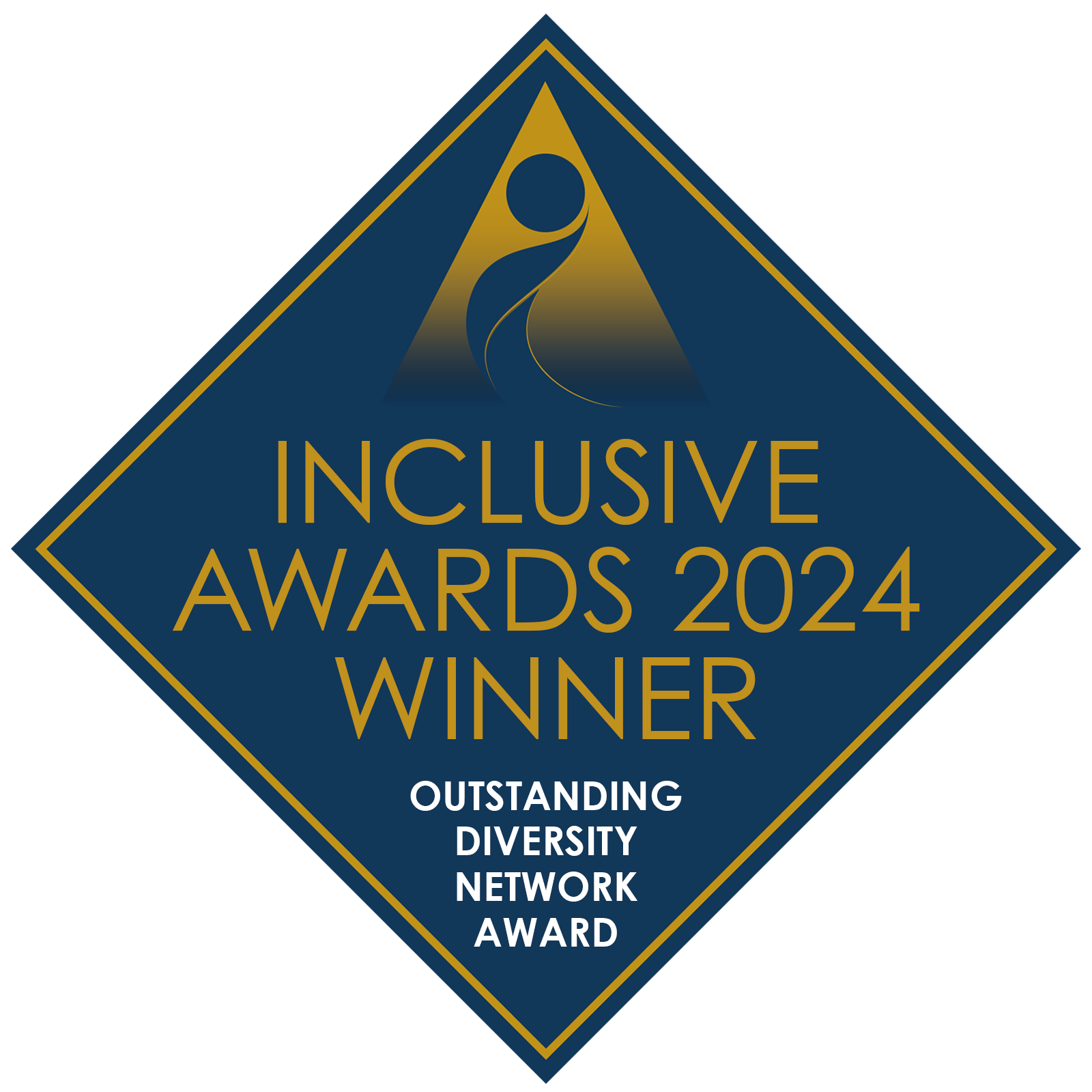 I blue diamond shape with gold and white writing stating Inclusive Awards Winner 2024 Outstanding Diversity Network Award