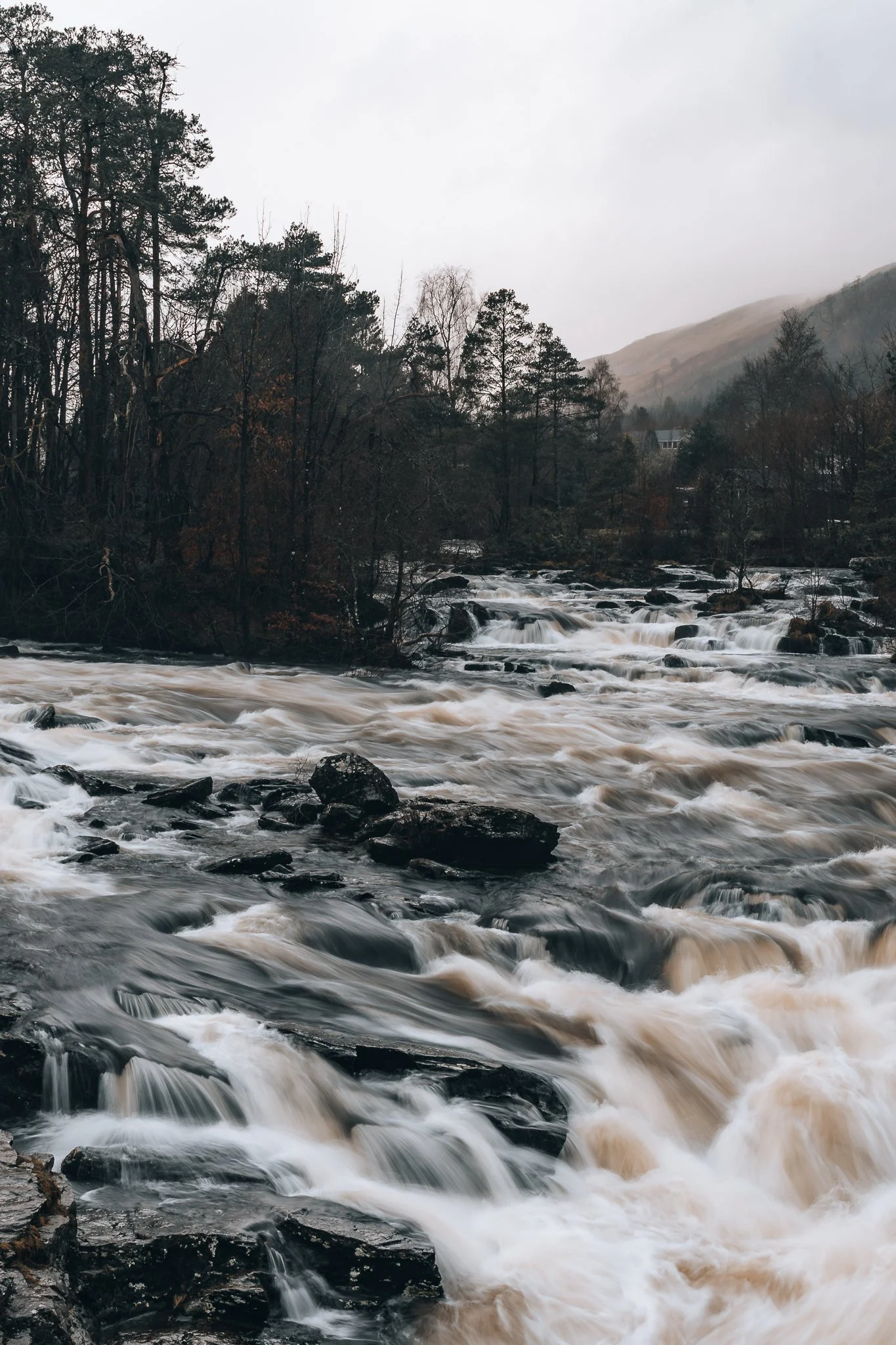 A river with fast-moving water flowing over rocks, surrounded by trees and hills in the background on a cloudy day.