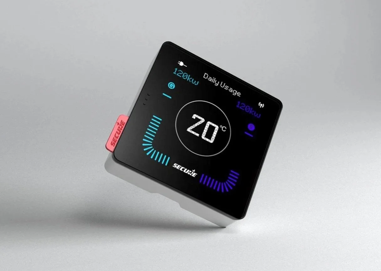 A digital thermostat displaying a temperature of 20 degrees Celsius with a modern interface and various icons around the display, placed on a gray surface.
