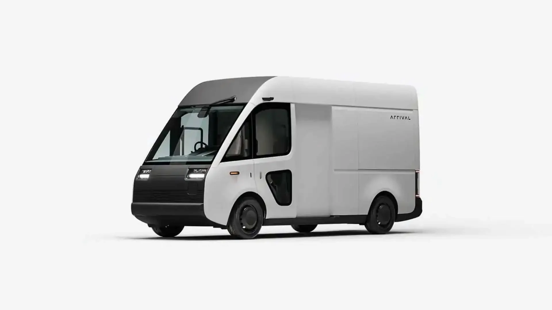 A sleek, modern delivery van with a white and black exterior, labeled 'Arrival' on the side, set against a plain white background.