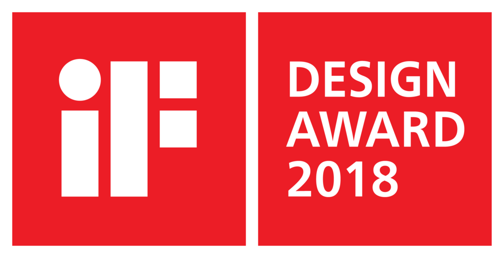 Red and white logo for the 2018 iF Design Award with the text 'iF' and 'DESIGN AWARD 2018'