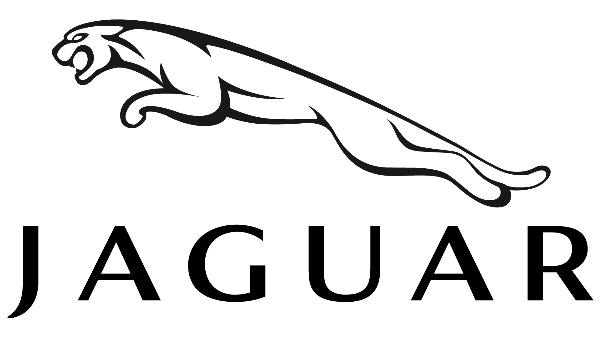 Jaguar logo. 'JAGUAR' word underneath a stylized outline of a leaping jaguar logo, outlined in black on a white background.