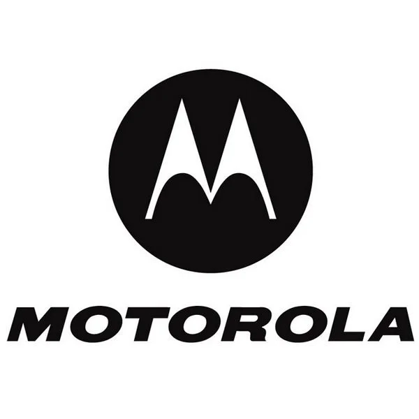 Motorola logo with black stylized 'M' inside a black circle and the word 'Motorola' in bold black letters below.