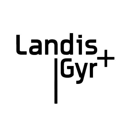 Text-based graphic with the words 'Landis + Gyr' in stylized font, with a vertical line separating 'Landis' and '+ Gyr'.