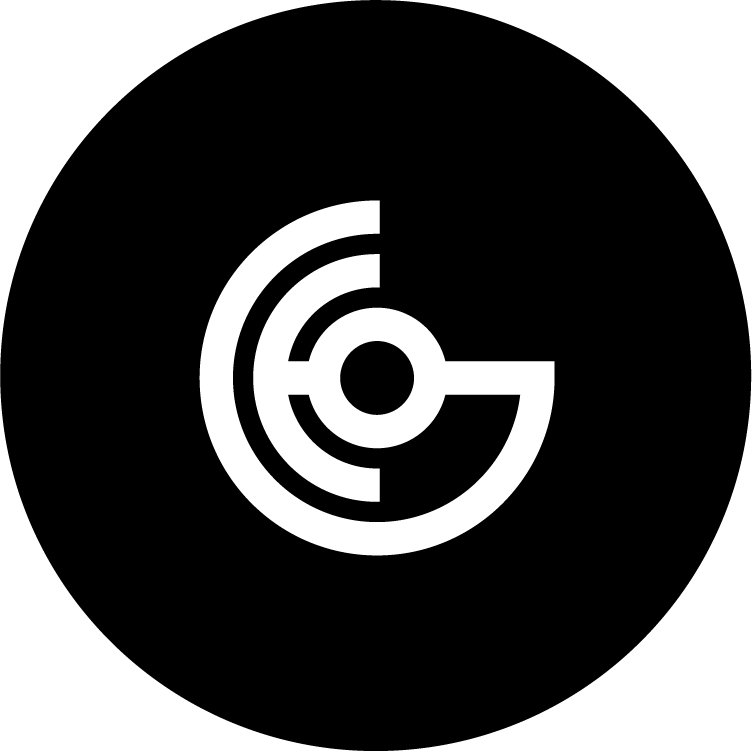 Black background with a white circular logo composed of concentric circles and stylized combined letters of G, E, and O.