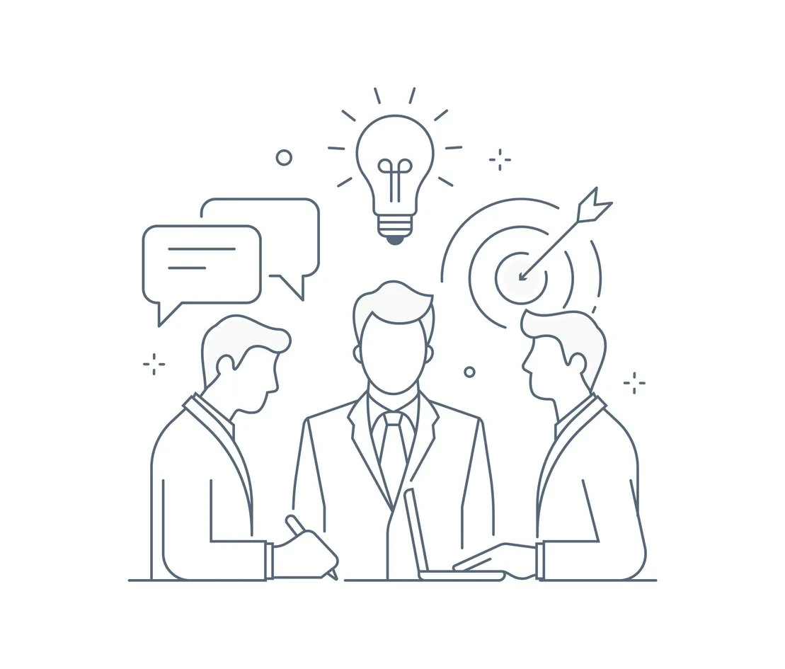 Drei Geschäftsleute in Anzügen diskutieren, mit einer Glühbirne, einem Zielscheiben mit Pfeil und Gesprächssprechblasen im Hintergrund.