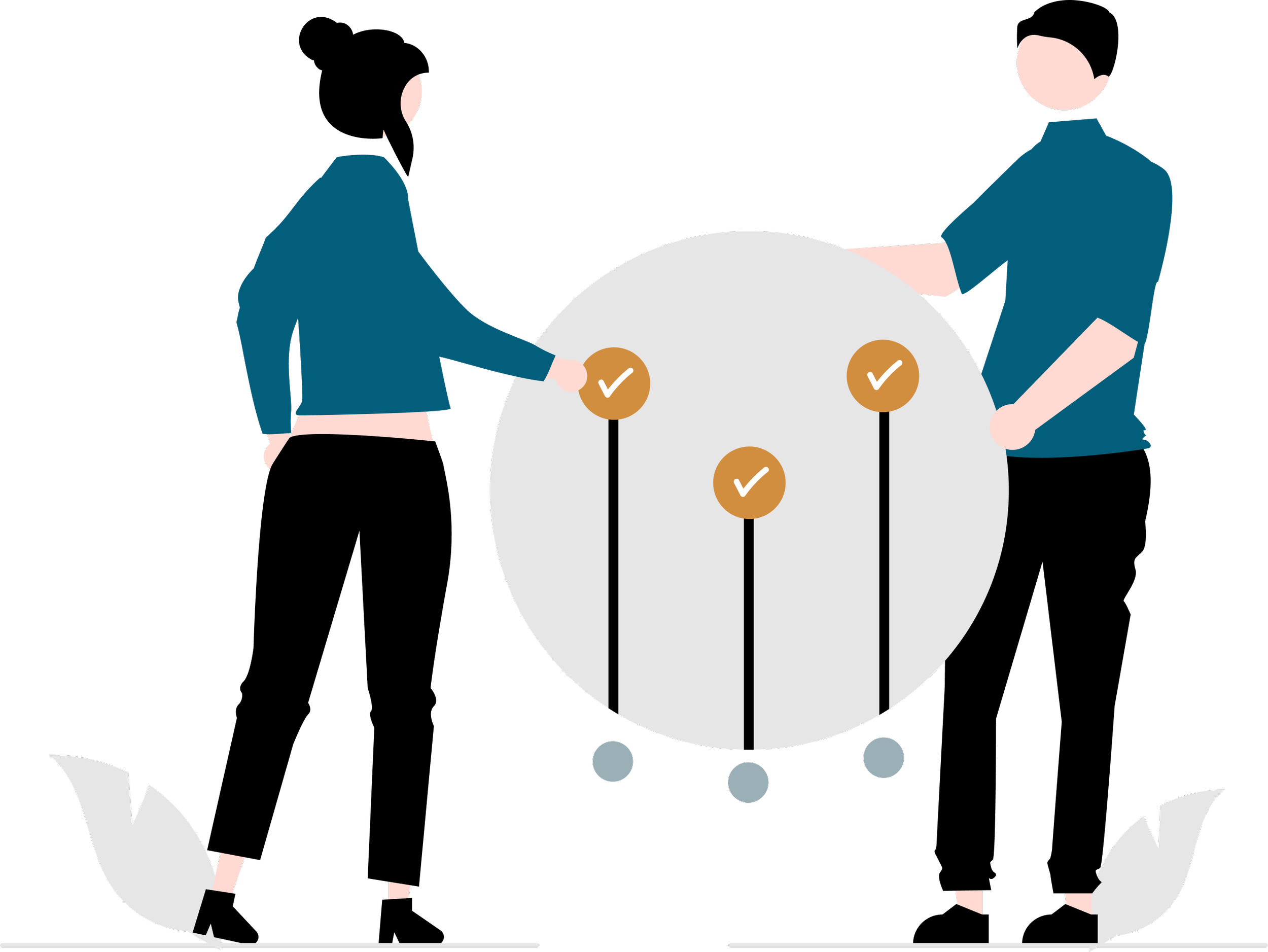 Two people are holding a large circular chart with checkmarks on it.