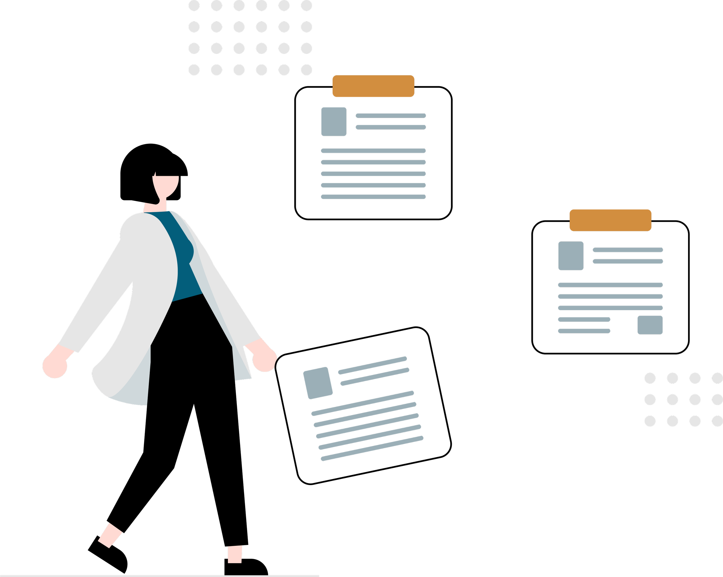 Illustration of a woman in a white coat walking through a room with floating digital screens displaying text and graphics.