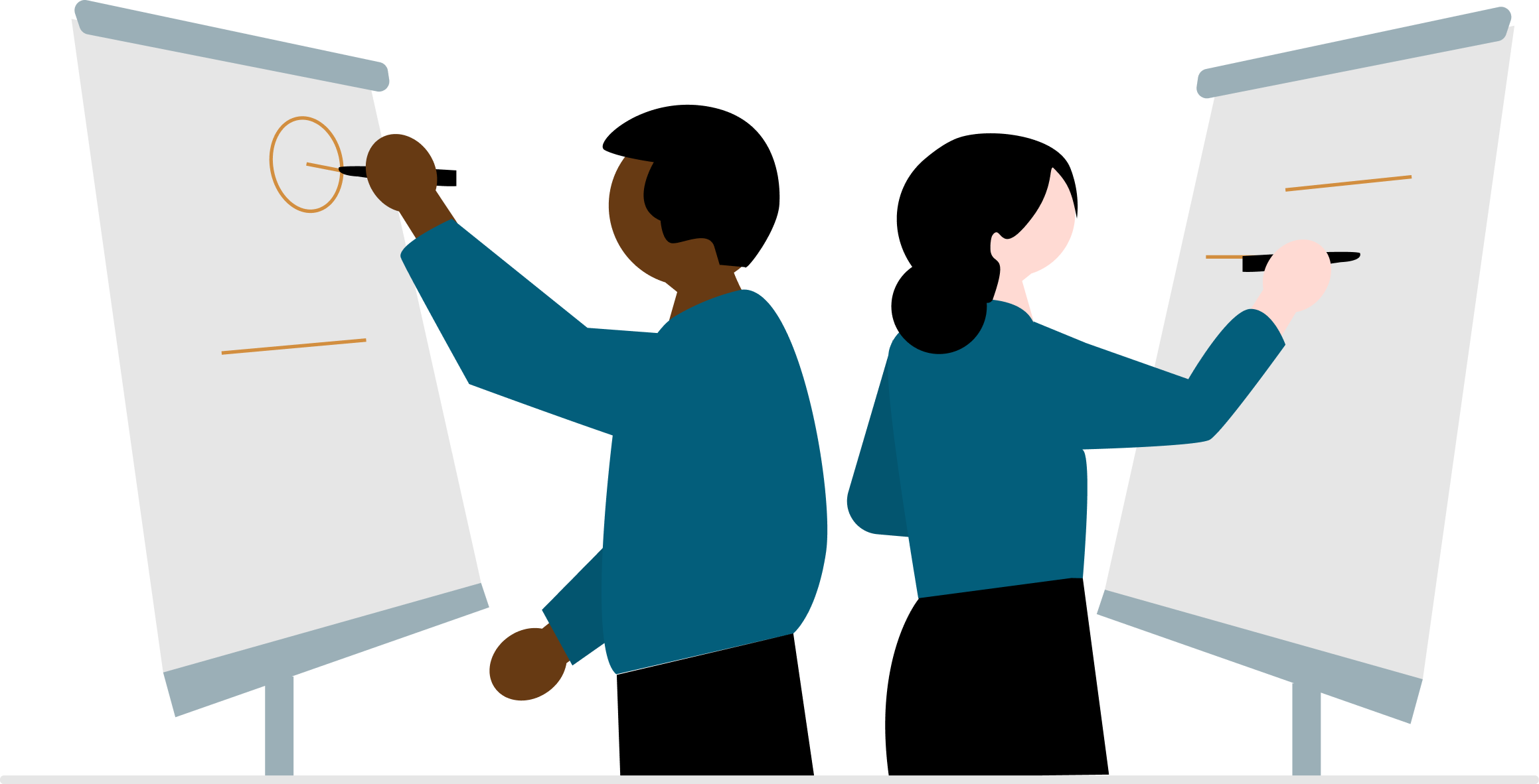 Two people are writing on whiteboards, back to back, with a dark background.