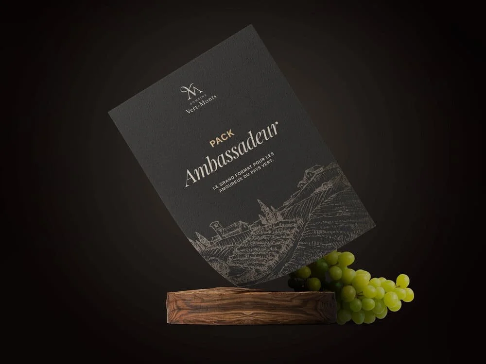 Un paquet nommé 'Ambassadeur' avec une illustration de paysage viticole, posé sur un support en bois, avec des grappes de raisins verticaux en dessous. Domaine Vert Monts, vignoble belge à Ath (Pays Vert) — cépages interspécifiques, préventes ouverte