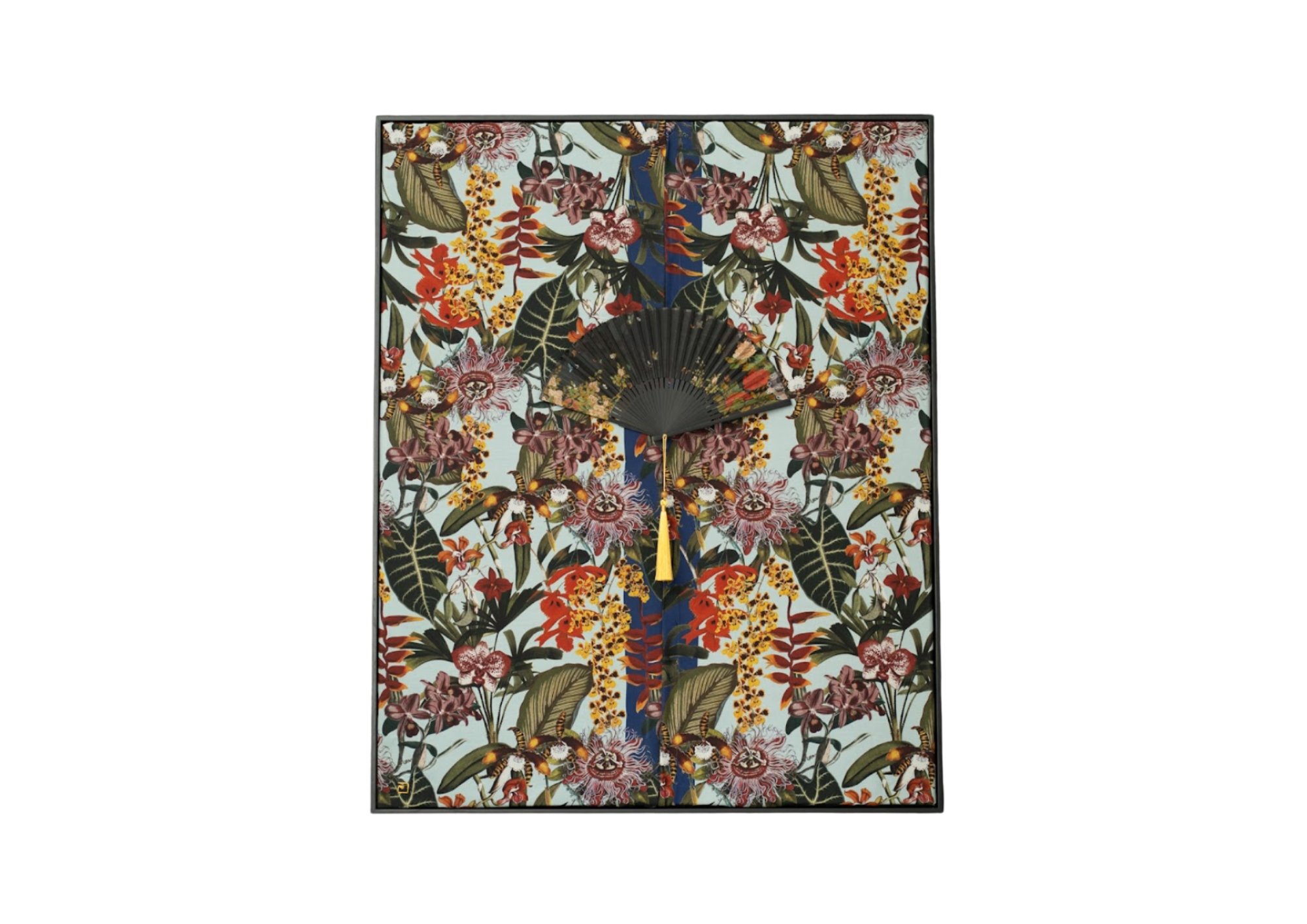 Colorful abstract artwork featuring intertwined snake-like and lizard-like creatures with intricate patterns, in red, yellow, purple, and black, on a textured beige background.