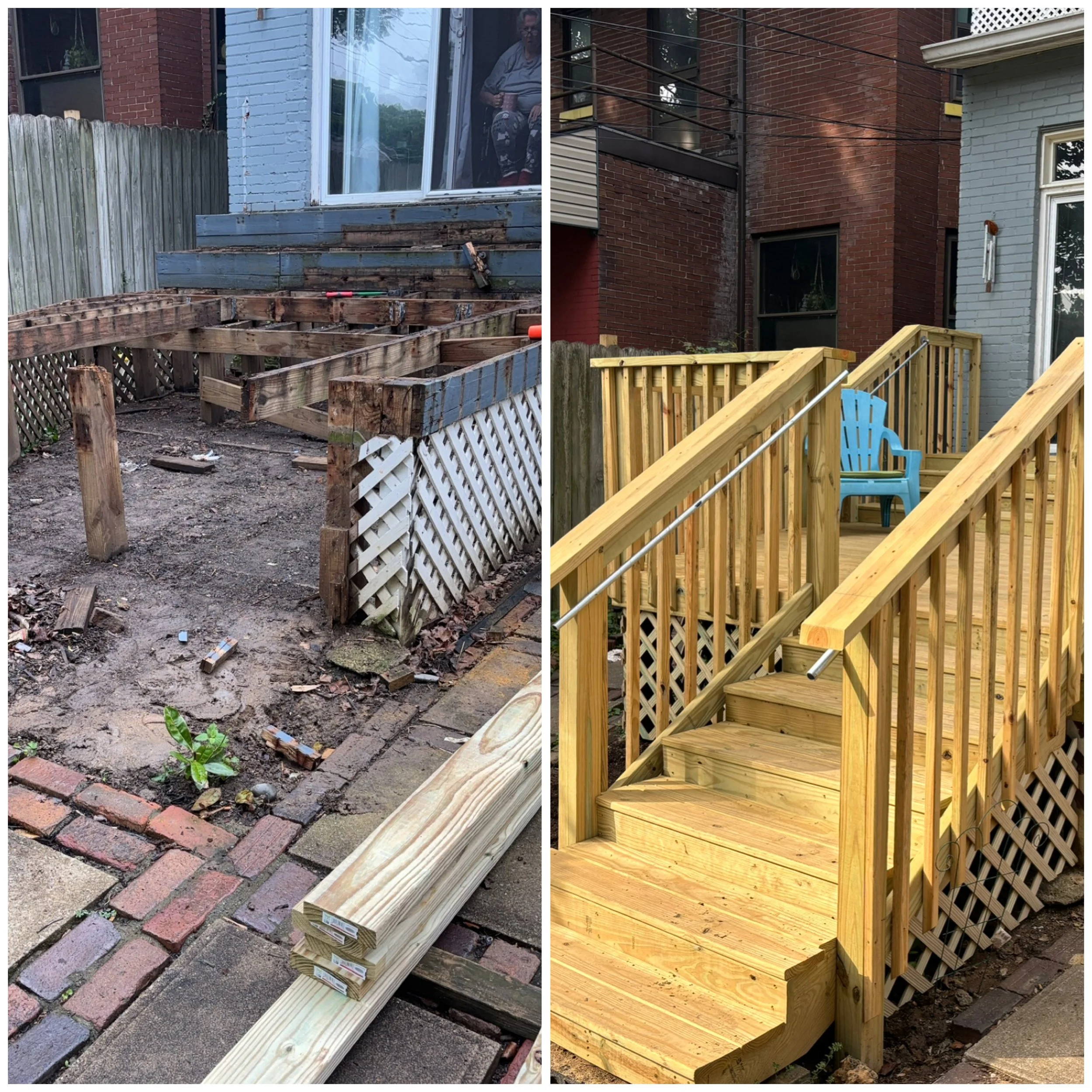 Comparison of a backyard deck under construction on the left and completed on the right, showing the transition from a rough, unfinished frame to a finished, wooden deck with stairs and a railing.