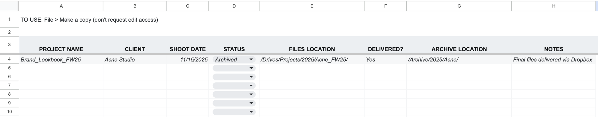 Photography project tracker Google Sheets — client, shoot date, file location, delivery status, archive