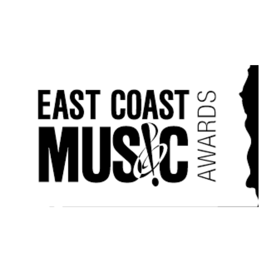 Logo for East Coast Music Awards with black and white design, text, and wavy side panel.