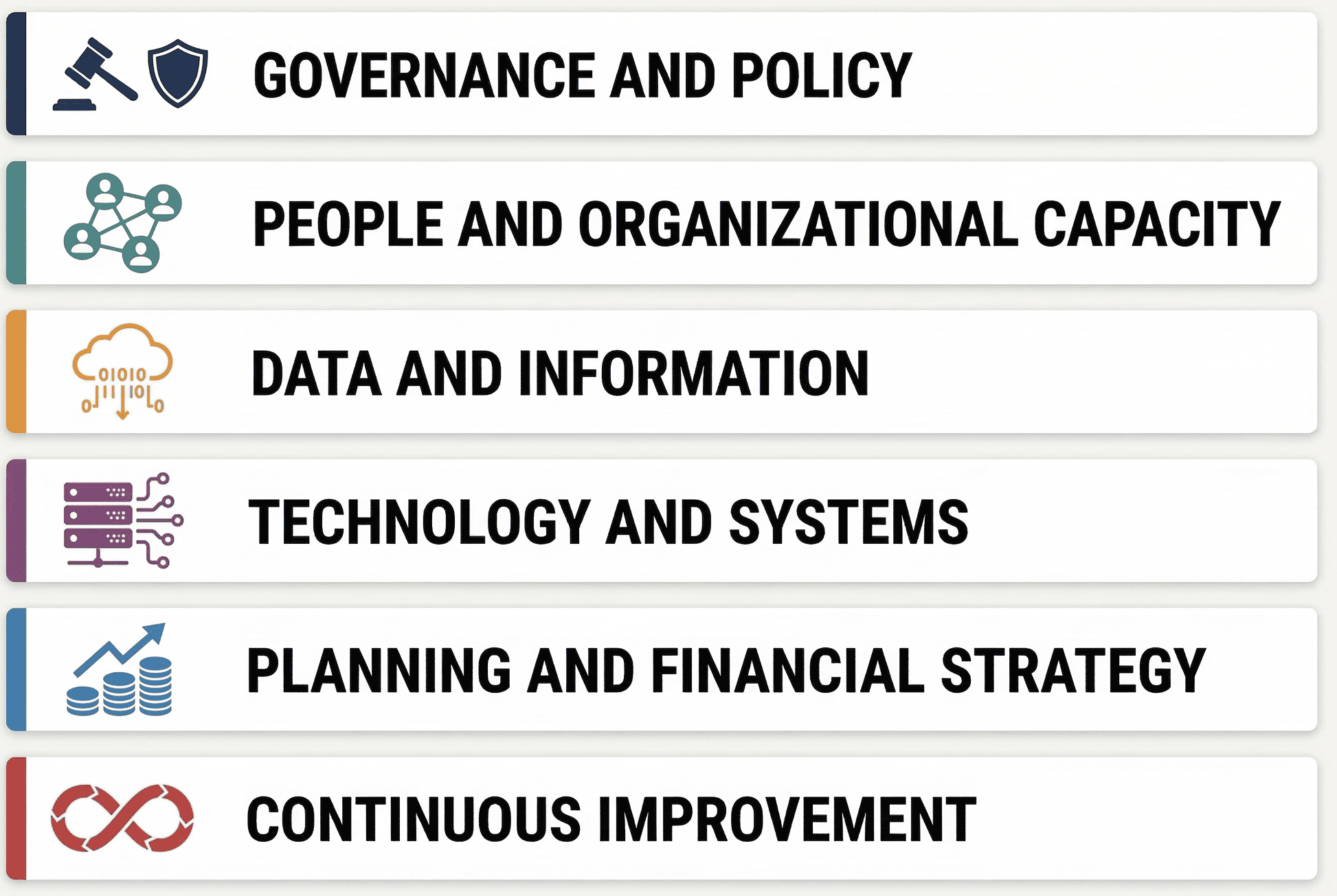 Governance and Policy, Organizational capacity, data and information, technology and systems, planning and financial strategy, continuous improvement