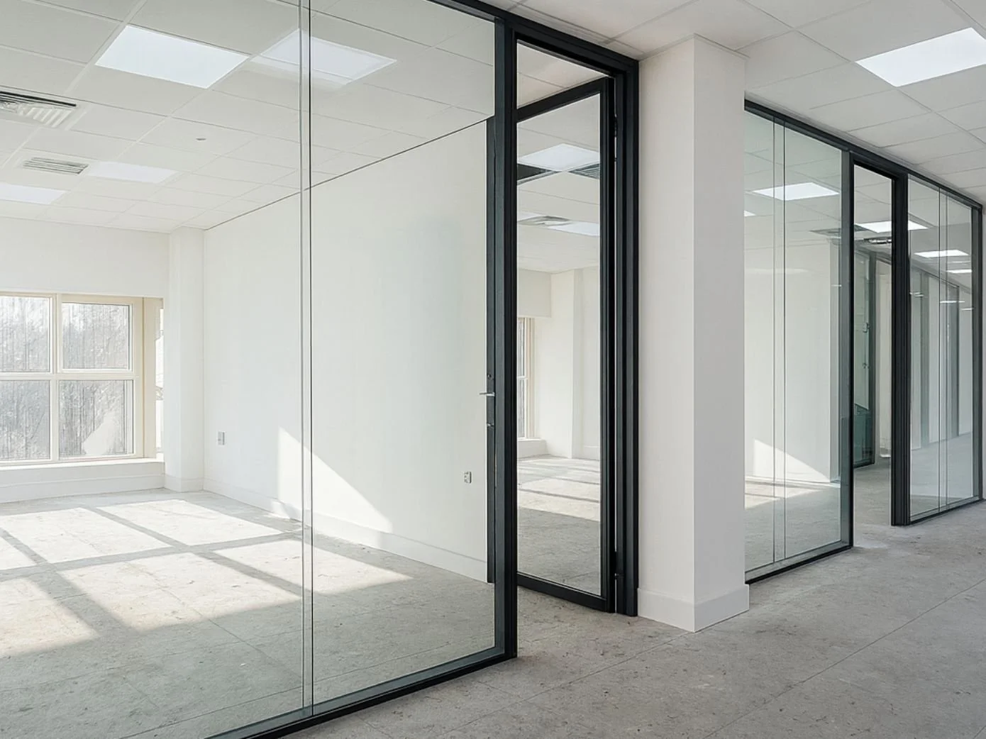 Empty office with glass partitions, white walls, and large windows letting in natural light.