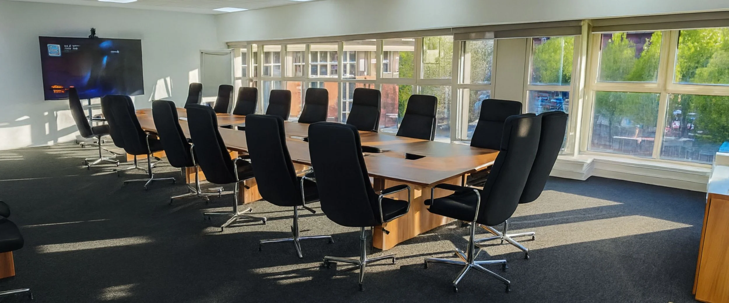 Empty conference room with a large wooden table, several black swivel chairs, a flat-screen monitor on the wall, and large windows revealing trees and buildings outside.