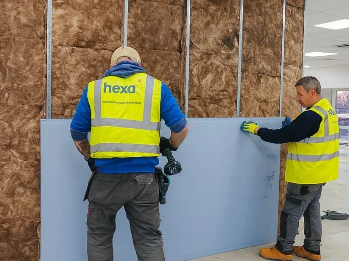 Two construction workers in yellow safety vests installing a drywall in an indoor construction site.
